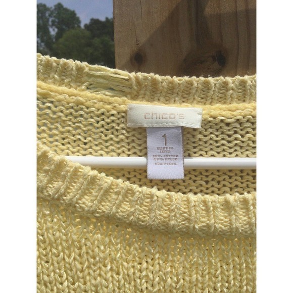 Chico’s womens knit short sleeve top open yellow roll tab size 1 coastal beachy - Picture 2 of 9